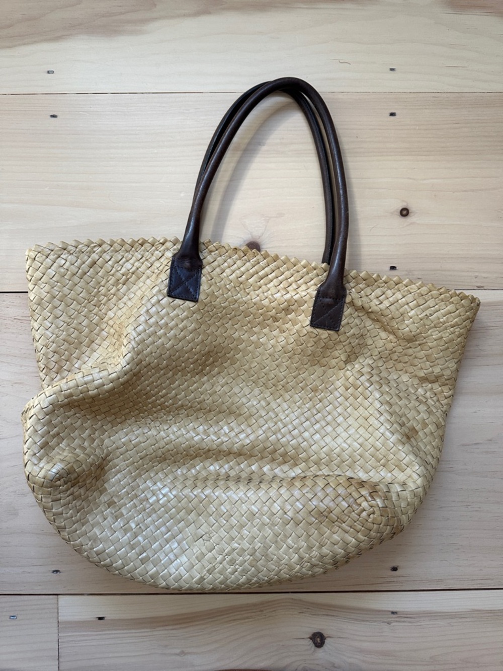 Woven Leather Tote Bag with Dark Brown Leather Handles